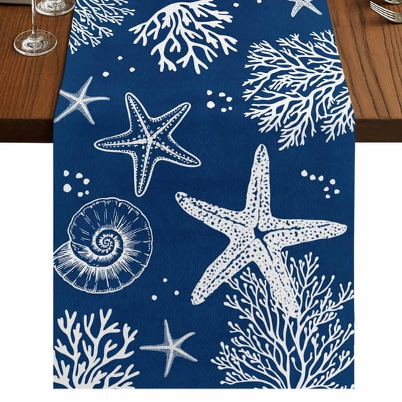 Table Runners 90 Inches Long Dress Scarves, Navy Blue Coastal Farmhouse Coffee/Dining/Kitchen Table Runner for Living Room, Nautical Beach Starfish Coral Summer 13x90 Inch