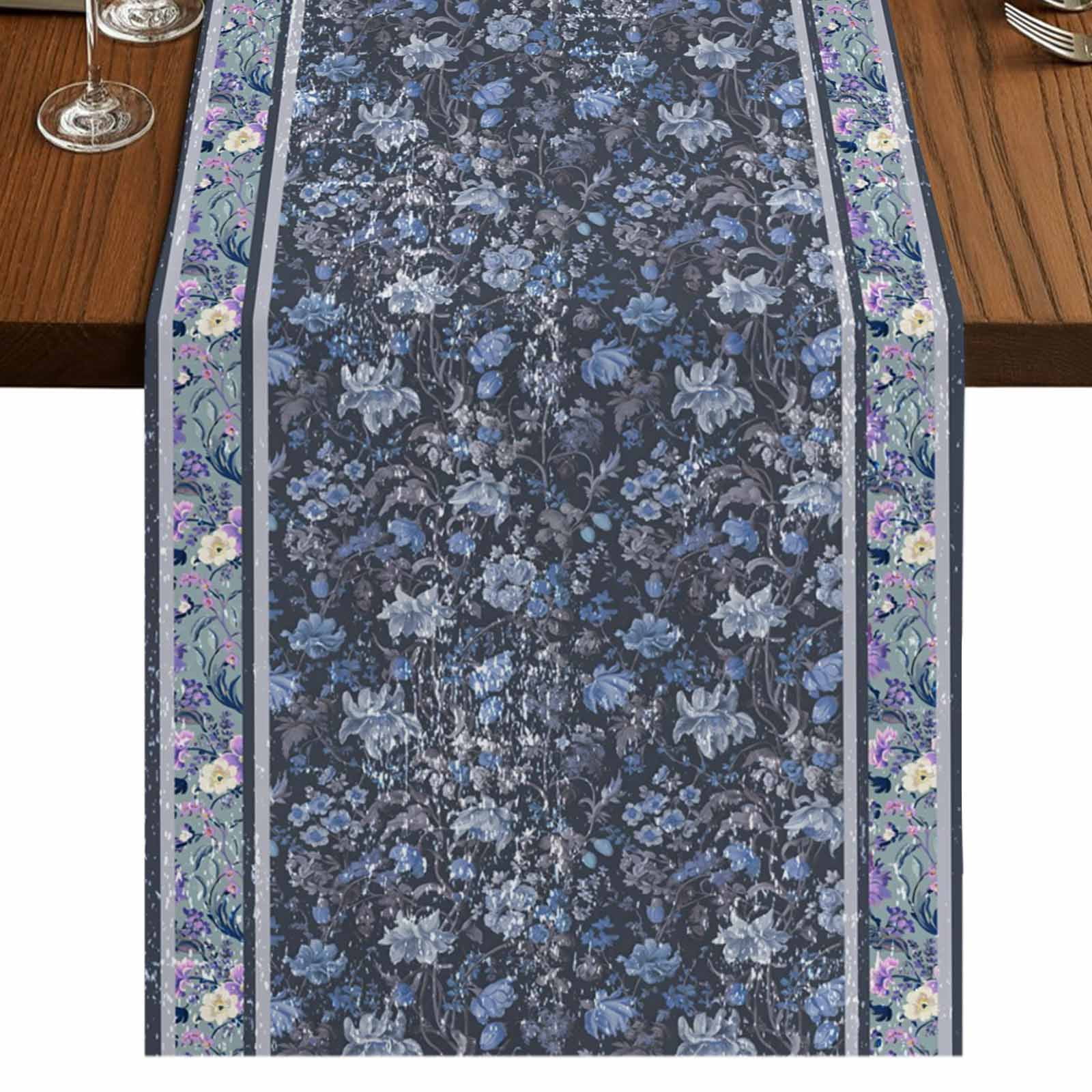 Table Runners 90 Inches Long Dress Scarves, Navy Blue Floral Farmhouse Coffee/Dining/Kitchen Table Runner for Living Room, Ethnic Tribe Abstract Art Flowers 13x90 Inch