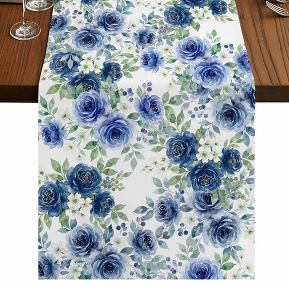 Table Runners 90 Inches Long Dress Scarves, Navy Blue Roses Farmhouse Coffee/Dining/Kitchen Table Runner for Living Room, Spring Floral Elegant Pastoral Botanical 13x90 Inch