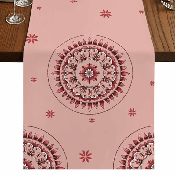 Table Runners 90 Inches Long Dress Scarves, Pink Floral Farmhouse Coffee/Dining/Kitchen Table Runner for Living Room, Circular Flowers Ethnic Abstract Aesthetic 13x90 Inch