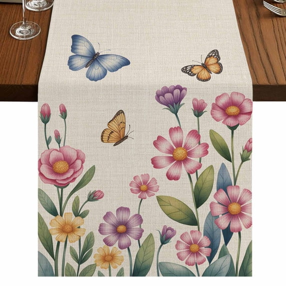 Table Runners 90 Inches Long Dress Scarves, Pink Flowers Farmhouse Coffee/Dining/Kitchen Table Runner for Living Room, Spring Floral Butterfly Leaves Plants Retro Beige 13x90 Inch