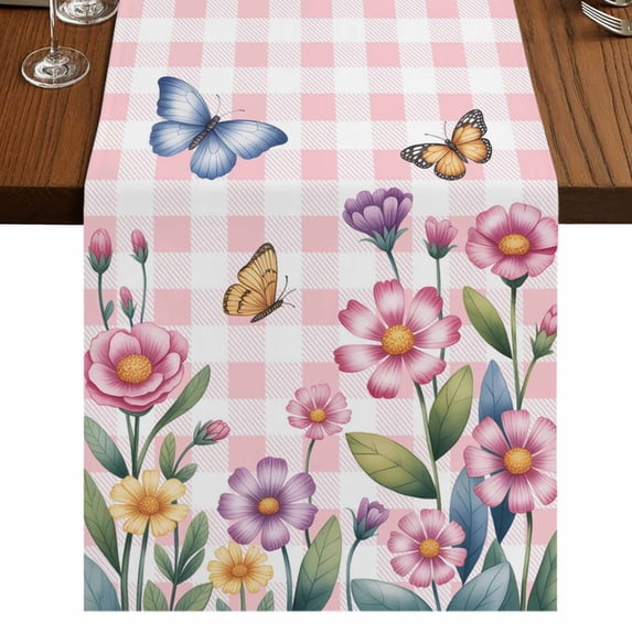 Table Runners 90 Inches Long Dress Scarves, Pink Flowers Farmhouse Coffee/Dining/Kitchen Table Runner for Living Room, Spring Floral Butterfly Leaves Plants Rustic Plaid 13x90 Inch