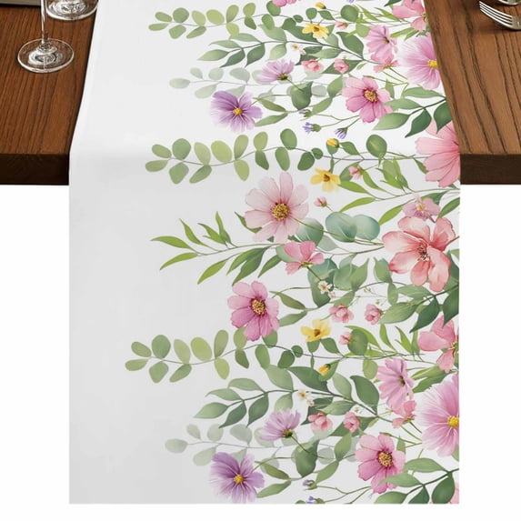 Table Runners 90 Inches Long Dress Scarves, Pink Green Spring Farmhouse Coffee/Dining/Kitchen Table Runner for Living Room, Floral Eucalyptus Leaves Watercolor Plant 13x90 Inch