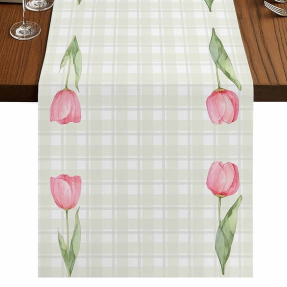 Table Runners 90 Inches Long Dress Scarves, Pink Spring Floral Farmhouse Coffee/Dining/Kitchen Table Runner for Living Room, Tulip Yellow Plaid Summer Botanical 13x90 Inch