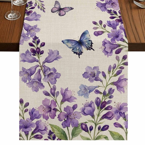 Table Runners 90 Inches Long Dress Scarves, Purple Flowers Farmhouse Coffee/Dining/Kitchen Table Runner for Living Room, Butterfly Spring Floral Rustic Farmhouse 13x90 Inch