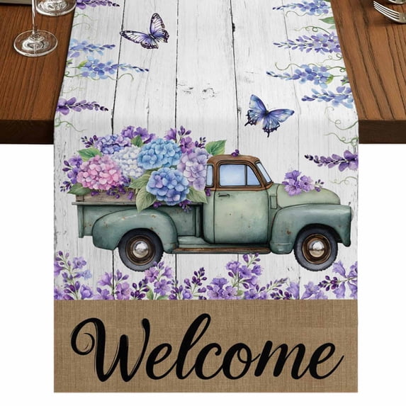 Table Runners 90 Inches Long Dress Scarves, Purple Flowers Farmhouse Coffee/Dining/Kitchen Table Runner for Living Room, Weeping Spring Floral Truck Butterfly Wooden 13x90 Inch