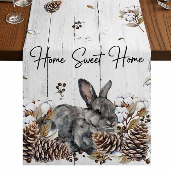 Table Runners 90 Inches Long Dress Scarves, Rabbits Pine Cone Farmhouse Coffee/Dining/Kitchen Table Runner for Living Room, Sweet Home Texture Farmhouse Grey Wooden 13x90 Inch