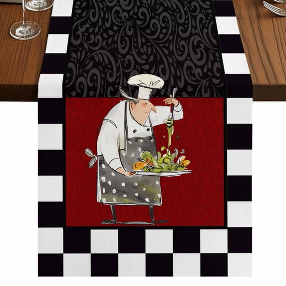 Table Runners 90 Inches Long Dress Scarves, Red Black Chef Farmhouse Coffee/Dining/Kitchen Table Runner for Living Room, Cartoon Cute Watercolor Cooking Plaid 13x90 Inch