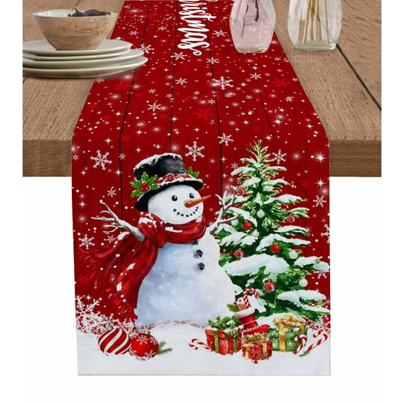 Table Runners 90 Inches Long Dress Scarves, Red Christmas Farmhouse Coffee/Dining/Kitchen Table Runner for Living Room, Snowman Xmas Tree Ball Gifts Winter Wooden 13x90 Inch