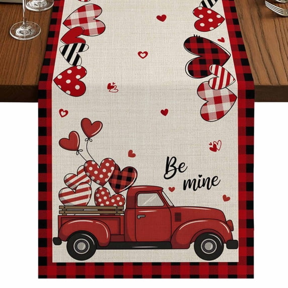 Table Runners 90 Inches Long Dress Scarves, Red Valentine's Day Farmhouse Coffee/Dining/Kitchen Table Runner for Living Room, Truck Plaid Love Heart Rustic 13x90 Inch