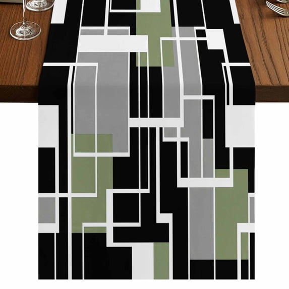 Table Runners 90 Inches Long Dress Scarves, Sage Green Black Geometric Farmhouse Coffee/Dining/Kitchen Table Runner for Living Room, Modern Abstract Art Block 13x90 Inch