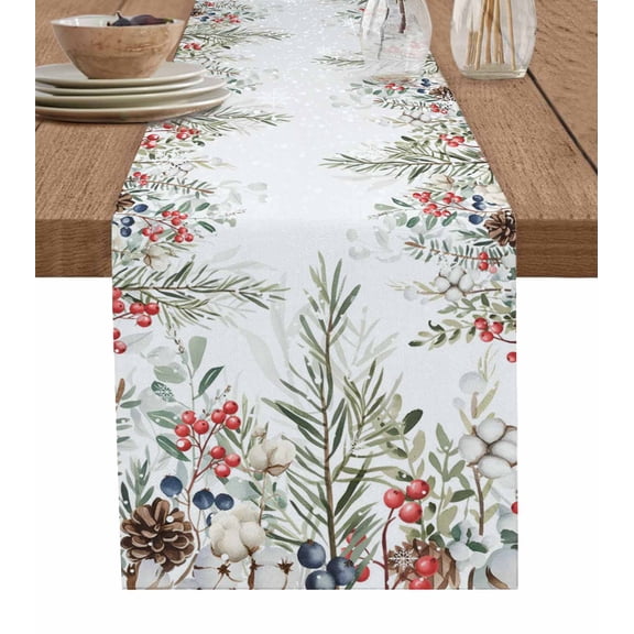 Table Runners 90 Inches Long Dress Scarves, Sage Green Christmas Farmhouse Coffee/Dining/Kitchen Table Runner for Living Room, Weeping Xmas Berry Floral Snowflake 13x90 Inch