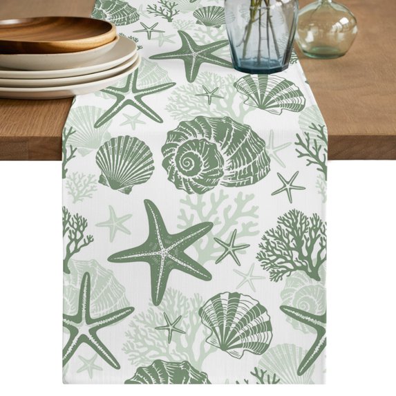 Table Runners 90 Inches Long Dress Scarves, Sage Green Coastal Summer Farmhouse Coffee/Dining/Kitchen Table Decor Table Runner for Living Room, Coral Shell Starfish Nautical 13x90 Inch