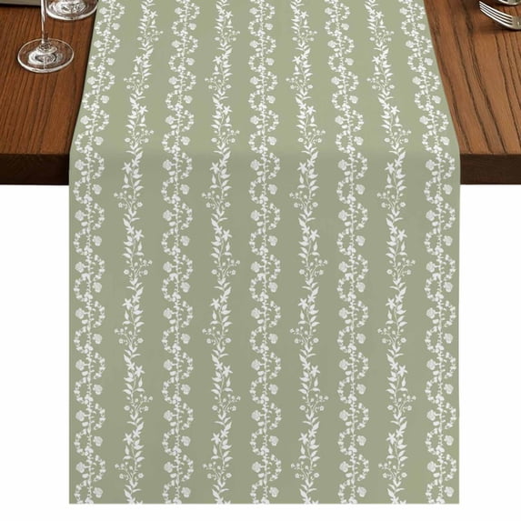 Table Runners 90 Inches Long Dress Scarves, Sage Green Spring Leaves Farmhouse Coffee/Dining/Kitchen Table Runner for Living Room, Pastoral Botanical Striped Flowers 13x90 Inch