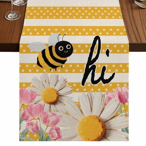 Table Runners 90 Inches Long Dress Scarves, Spring Bees Daisy Farmhouse Coffee/Dining/Kitchen Table Runner for Living Room, Rustic Tulips Dots Yellow Striped Burlap 13x90 Inch