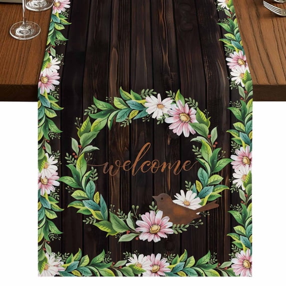 Table Runners 90 Inches Long Dress Scarves, Spring Botanical Farmhouse Coffee/Dining/Kitchen Table Runner for Living Room, Garden Birds Floral Leaves Brown Wood 13x90 Inch