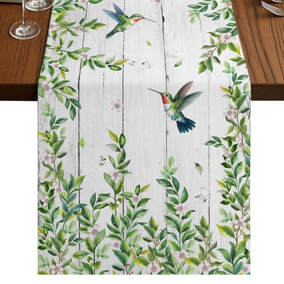 Table Runners 90 Inches Long Dress Scarves, Spring Botanical Farmhouse Coffee/Dining/Kitchen Table Runner for Living Room, Watercolor Leaves Flowers Birds Gray Wood 13x90 Inch