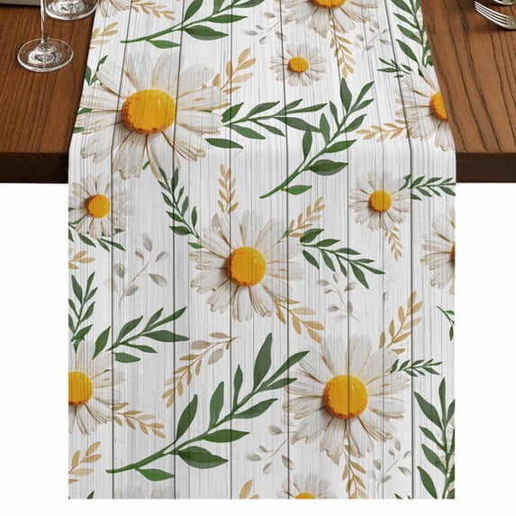 Table Runners 90 Inches Long Dress Scarves, Spring Daisy Farmhouse Coffee/Dining/Kitchen Table Runner for Living Room, Farmhouse Country Flower Leaf Plant Wood Grain 13x90 Inch