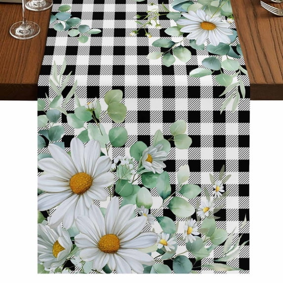 Table Runners 90 Inches Long Dress Scarves, Spring Floral Farmhouse Coffee/Dining/Kitchen Table Runner for Living Room, Daisy Eucalyptus Leaves Black White Plaid 13x90 Inch