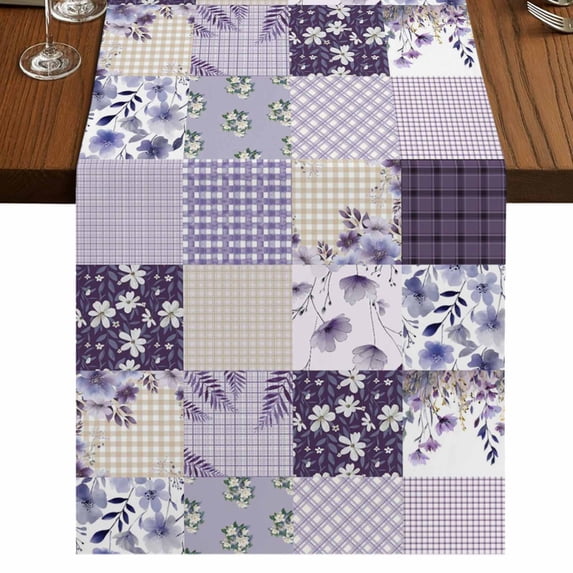 Table Runners 90 Inches Long Dress Scarves, Spring Floral Farmhouse Coffee/Dining/Kitchen Table Runner for Living Room, Dark Purple Flowers Patchwork Grid Bohemia 13x90 Inch