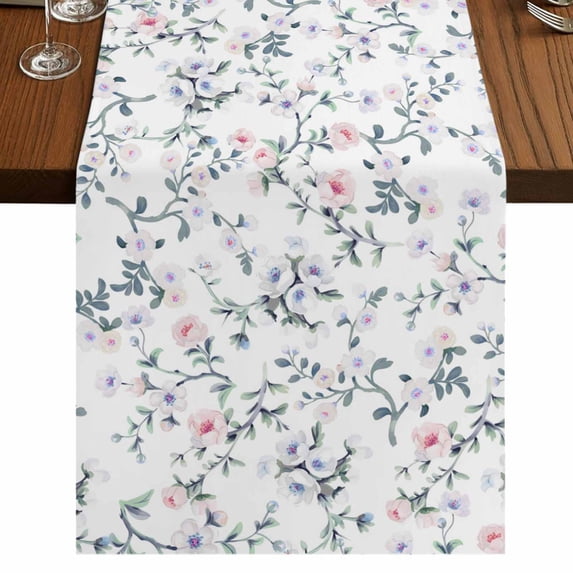 Table Runners 90 Inches Long Dress Scarves, Spring Flowers Farmhouse Coffee/Dining/Kitchen Table Runner for Living Room, Blue Pink Floral Leaves Pastoral Botanical 13x90 Inch