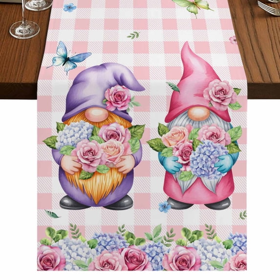 Table Runners 90 Inches Long Dress Scarves, Spring Gnomes Farmhouse Coffee/Dining/Kitchen Table Runner for Living Room, Botanical Flowers Leaf Pink Buffalo Check 13x90 Inch