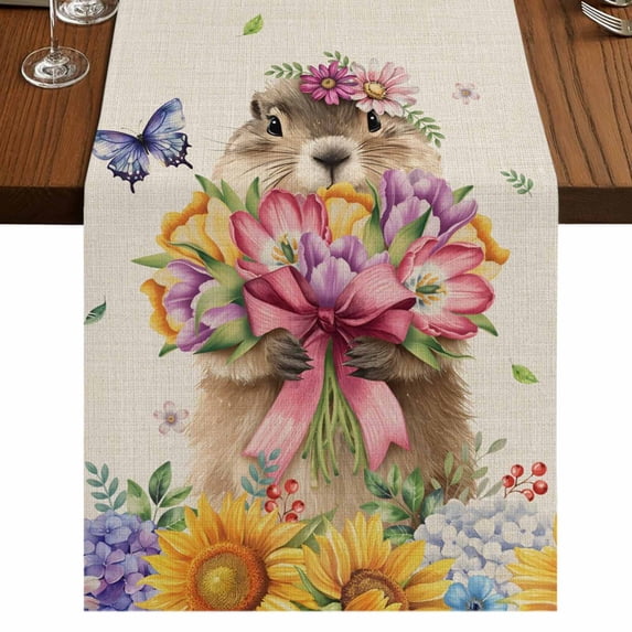 Table Runners 90 Inches Long Dress Scarves, Spring Groundhog Farmhouse Coffee/Dining/Kitchen Table Runner for Living Room, Watercolor Sunflower Botanical Rustic 13x90 Inch