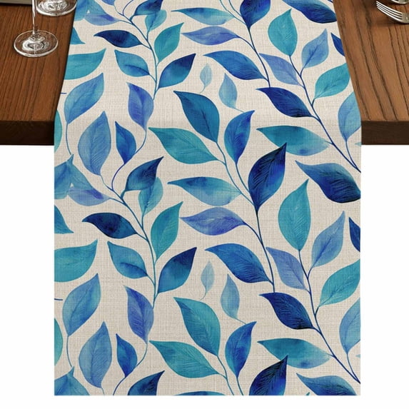 Table Runners 90 Inches Long Dress Scarves, Spring Leaves Farmhouse Coffee/Dining/Kitchen Table Runner for Living Room, Blue Plants Country Botanical Leaf Beige 13x90 Inch
