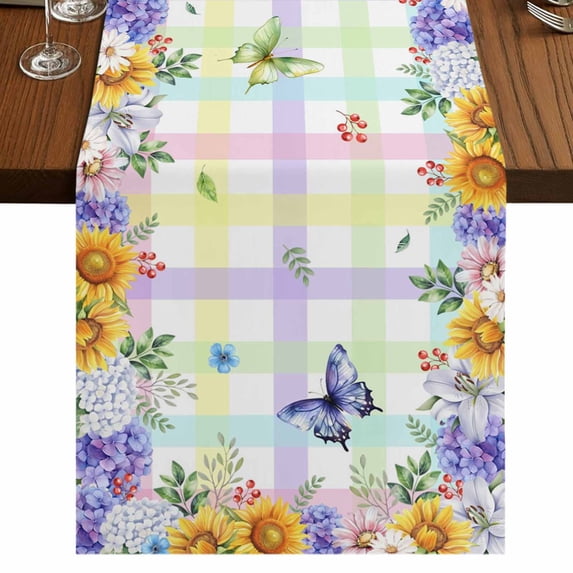Table Runners 90 Inches Long Dress Scarves, Spring Wildflowers Farmhouse Coffee/Dining/Kitchen Table Runner for Living Room, Watercolor Floral Leaf Colorful Plaid 13x90 Inch
