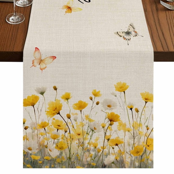 Table Runners 90 Inches Long Dress Scarves, Spring Yellow Floral Farmhouse Coffee/Dining/Kitchen Table Runner for Living Room, Farmhouse Country Flower Butterfly on Linen 13x90 Inch