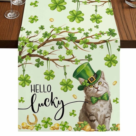 Table Runners 90 Inches Long Dress Scarves, St. Patrick's Day Farmhouse Coffee/Dining/Kitchen Table Runner for Living Room, Lucky Cat Shamrock Grasses Trees 13x90 Inch