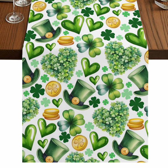 Table Runners 90 Inches Long Dress Scarves, St. Patrick's Day Farmhouse Coffee/Dining/Kitchen Table Runner for Living Room, Spring Shamrocks Green Love Heart Hats 13x90 Inch
