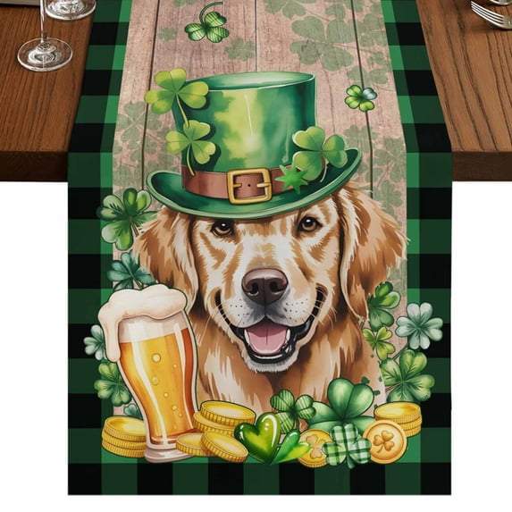 Table Runners 90 Inches Long Dress Scarves, St Patricks Day Farmhouse Coffee/Dining/Kitchen Table Runner for Living Room, Watercolor Dogs Green Shamrock Wood Grain 13x90 Inch