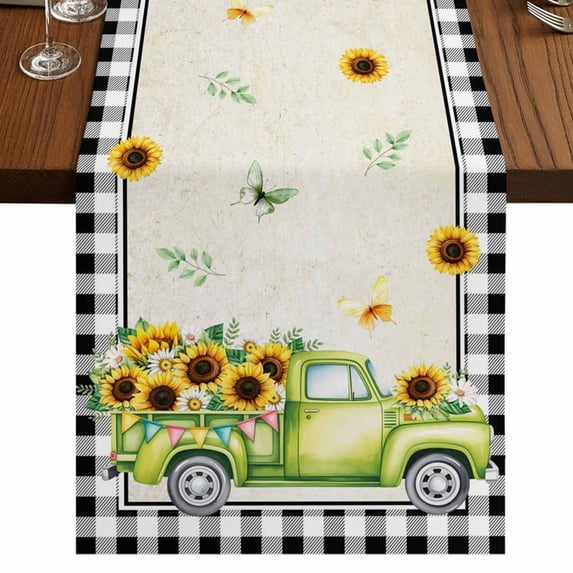 Table Runners 90 Inches Long Dress Scarves, Sunflowers Farmhouse Coffee/Dining/Kitchen Table Runner for Living Room, Spring Farmhouse Country Truck Leaf Black Plaid 13x90 Inch