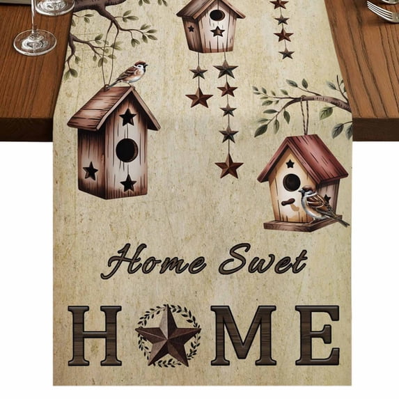 Table Runners 90 Inches Long Dress Scarves, Sweet Home Farmhouse Coffee/Dining/Kitchen Table Runner for Living Room, Western Stars Bird Houses Country Vintage 13x90 Inch