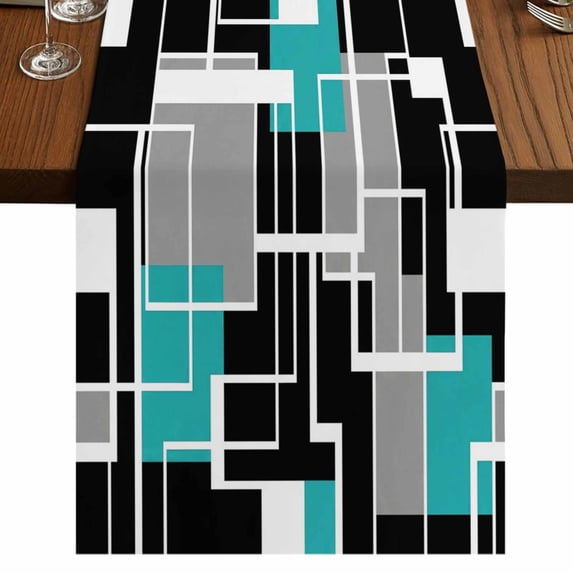 Table Runners 90 Inches Long Dress Scarves, Teal Blue Black Geometric Farmhouse Coffee/Dining/Kitchen Table Runner for Living Room, Modern Abstract Art Block 13x90 Inch
