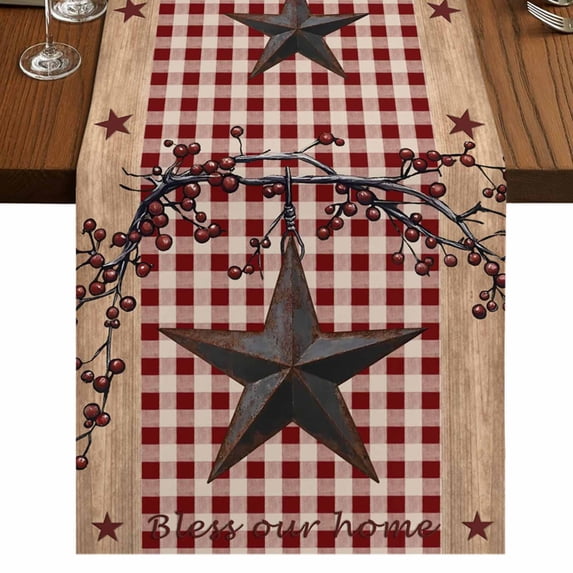 Table Runners 90 Inches Long Dress Scarves, Texas Star Farmhouse Farmhouse Coffee/Dining/Kitchen Table Runner for Living Room, Rustic Red Plaid Berry Wooden 13x90 Inch