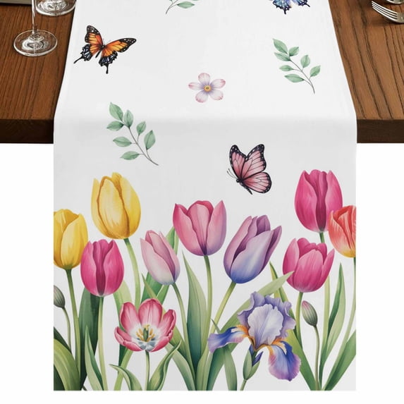 Table Runners 90 Inches Long Dress Scarves, Tulips Spring Floral Farmhouse Coffee/Dining/Kitchen Table Runner for Living Room, Pastoral Flowers Butterfly Farmhouse 13x90 Inch