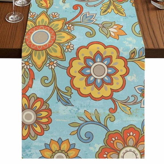 Table Runners 90 Inches Long Dress Scarves, Turquoise Boho Floral Farmhouse Coffee/Dining/Kitchen Table Runner for Living Room, Vintage Abstract Art Ethnic Flowers 13x90 Inch