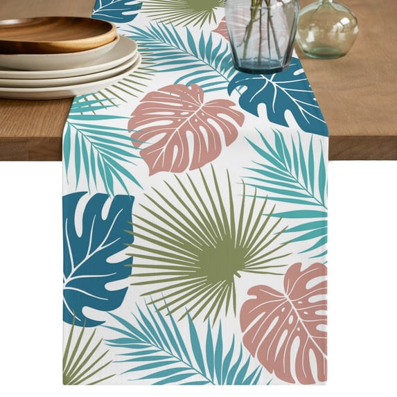 Table Runners 90 Inches Long Dress Scarves, Turquoise Green Palm Leaves Farmhouse Coffee/Dining/Kitchen Table Decor Table Runner for Living Room, Tropical Botanical Summer 13x90 Inch