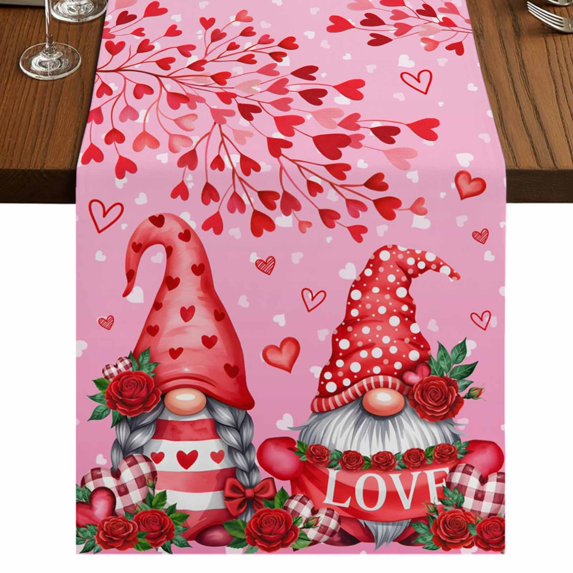 Table Runners 90 Inches Long Dress Scarves, Valentine's Day Farmhouse Coffee/Dining/Kitchen Table Runner for Living Room, Gnomes Roses Loves Romantic Watercolor 13x90 Inch