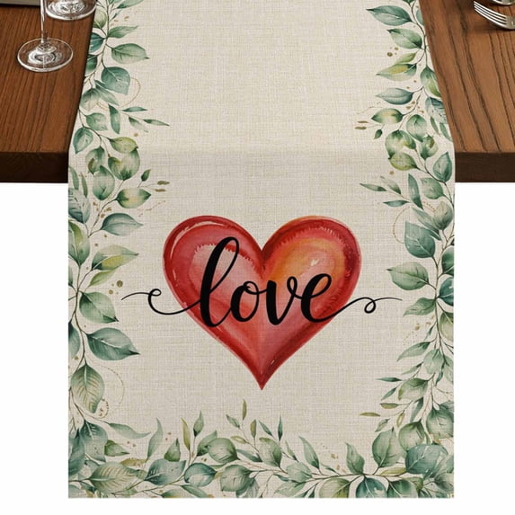 Table Runners 90 Inches Long Dress Scarves, Valentine's Day Farmhouse Coffee/Dining/Kitchen Table Runner for Living Room, Love Heart Romantic Eucalyptus Leaves 13x90 Inch