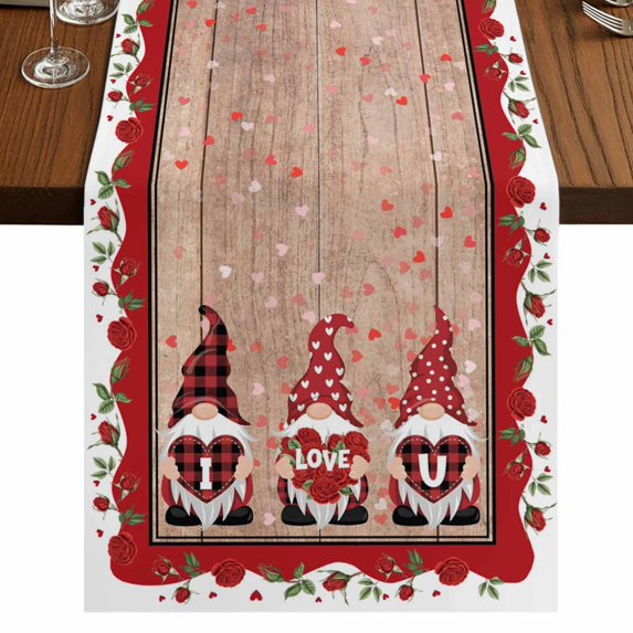 Table Runners 90 Inches Long Dress Scarves, Valentine's Day Farmhouse Coffee/Dining/Kitchen Table Runner for Living Room, Love Heart Romantic Roses Gnomes Wooden 13x90 Inch