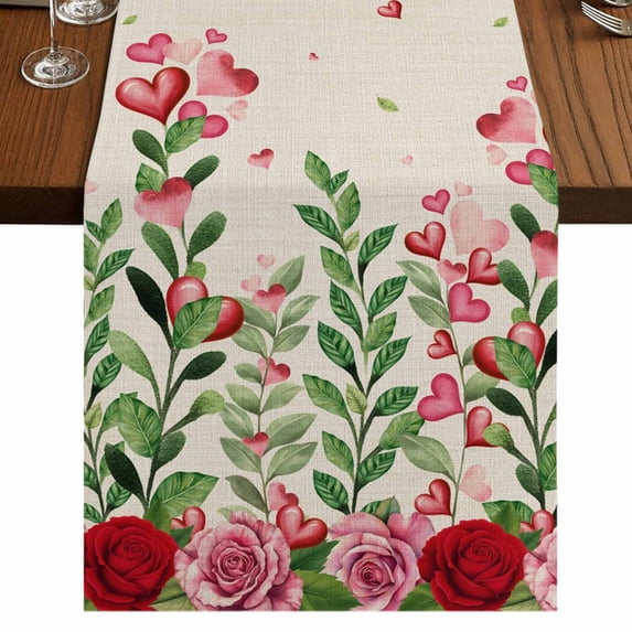 Table Runners 90 Inches Long Dress Scarves, Valentine's Day Farmhouse Coffee/Dining/Kitchen Table Runner for Living Room, Pink Red Roses Love Heart Eucalyptus Burlap 13x90 Inch