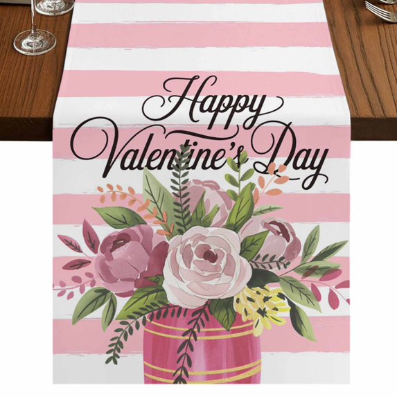 Table Runners 90 Inches Long Dress Scarves, Valentine's Day Farmhouse Coffee/Dining/Kitchen Table Runner for Living Room, Pink Roses Flowers Stripes Country 13x90 Inch