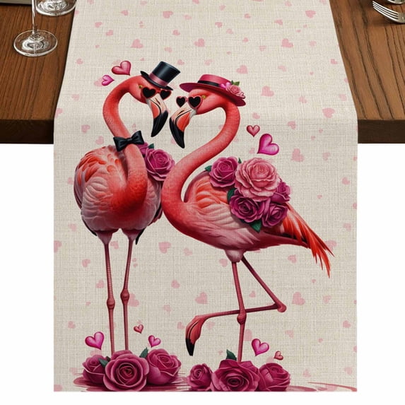 Table Runners 90 Inches Long Dress Scarves, Valentine's Day Farmhouse Coffee/Dining/Kitchen Table Runner for Living Room, Red Flamingos Roses Love Romance Beige 13x90 Inch