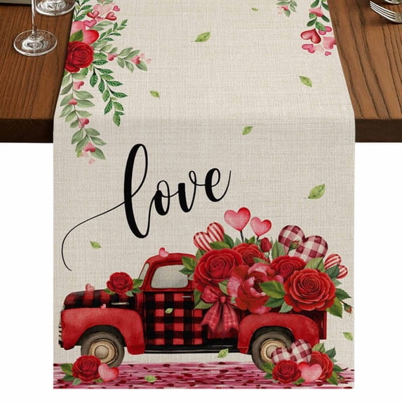 Table Runners 90 Inches Long Dress Scarves, Valentine's Day Farmhouse Coffee/Dining/Kitchen Table Runner for Living Room, Red Plaid Truck Love Roses Leaves Beige 13x90 Inch