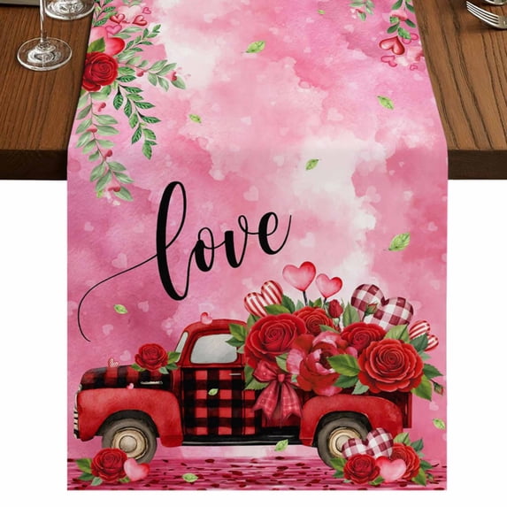 Table Runners 90 Inches Long Dress Scarves, Valentine's Day Farmhouse Coffee/Dining/Kitchen Table Runner for Living Room, Red Plaid Truck Love Roses Leaves Pink 13x90 Inch