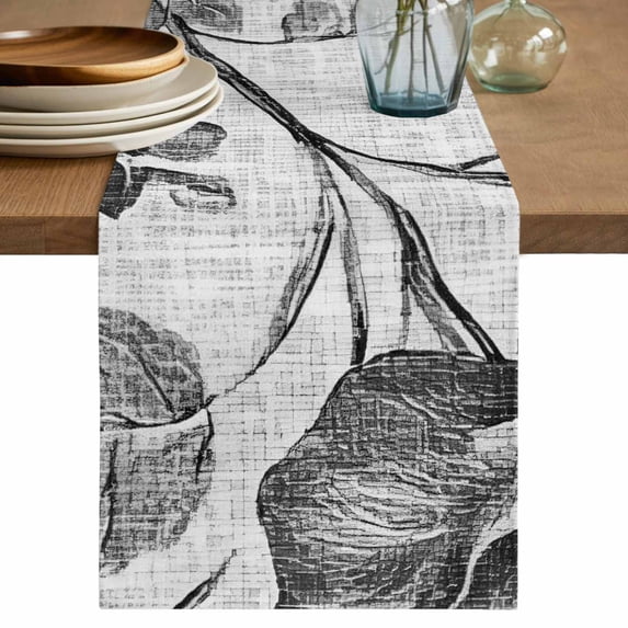 Table Runners 90 Inches Long Dress Scarves, Vintage Floral Farmhouse Coffee/Dining/Kitchen Table Decor Table Runner for Living Room, Spring Botanical Flowers Leaves Botanical Gray 13x90 Inch