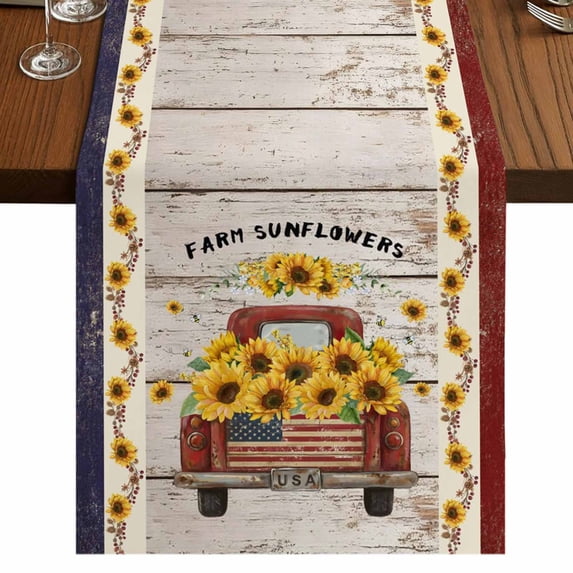 Table Runners 90 Inches Long Dress Scarves, Vintage Sunflower Truck Farmhouse Coffee/Dining/Kitchen Table Runner for Living Room, Wooden Yellow Summer Botanical Floral 13x90 Inch